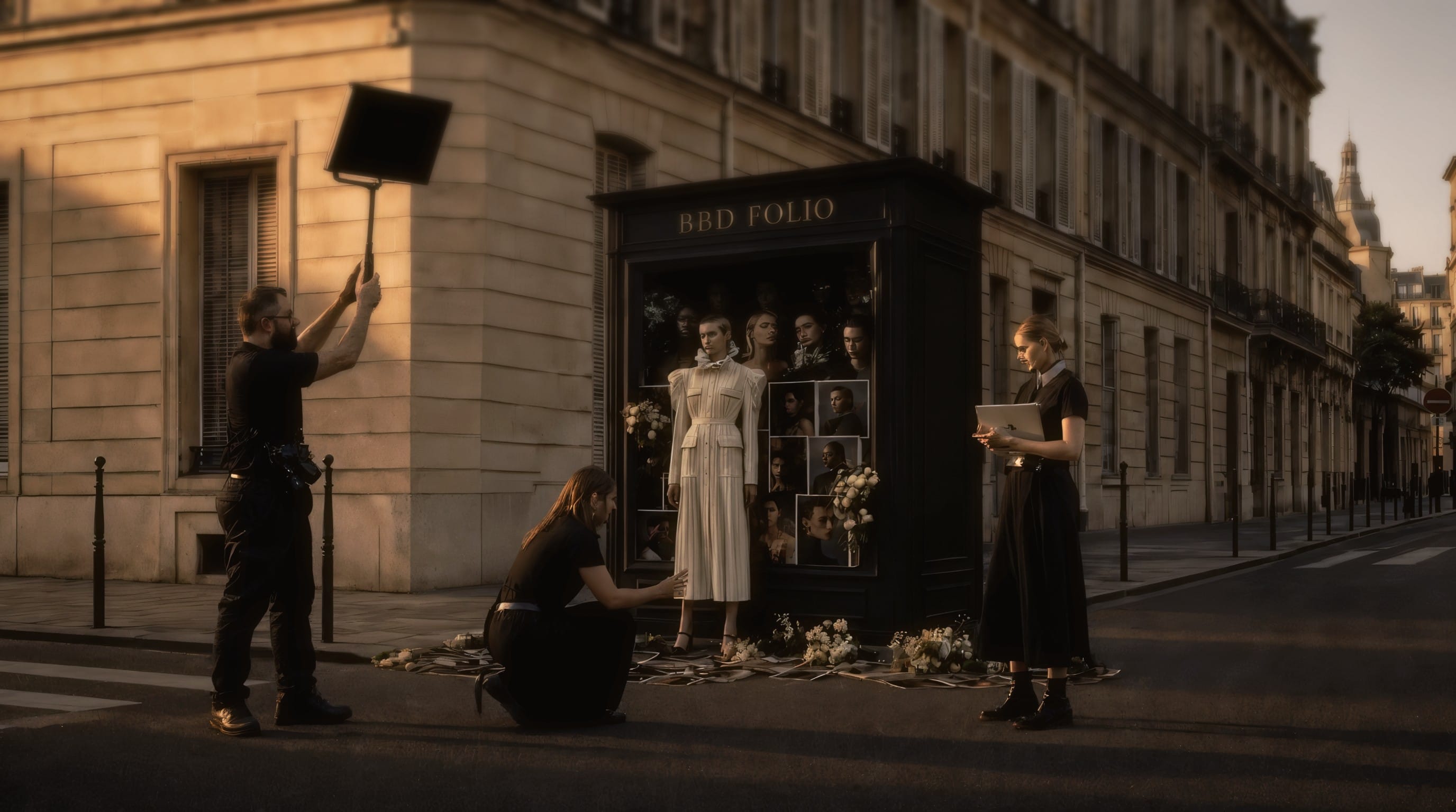 Un chiosco-vetrina nero BBD FOLIO a un angolo di strada al tramonto: una modella in vetrina tra le cover, un fotografo scatta mentre una stylist gli sistema la camicia, una producer col tablet a destra